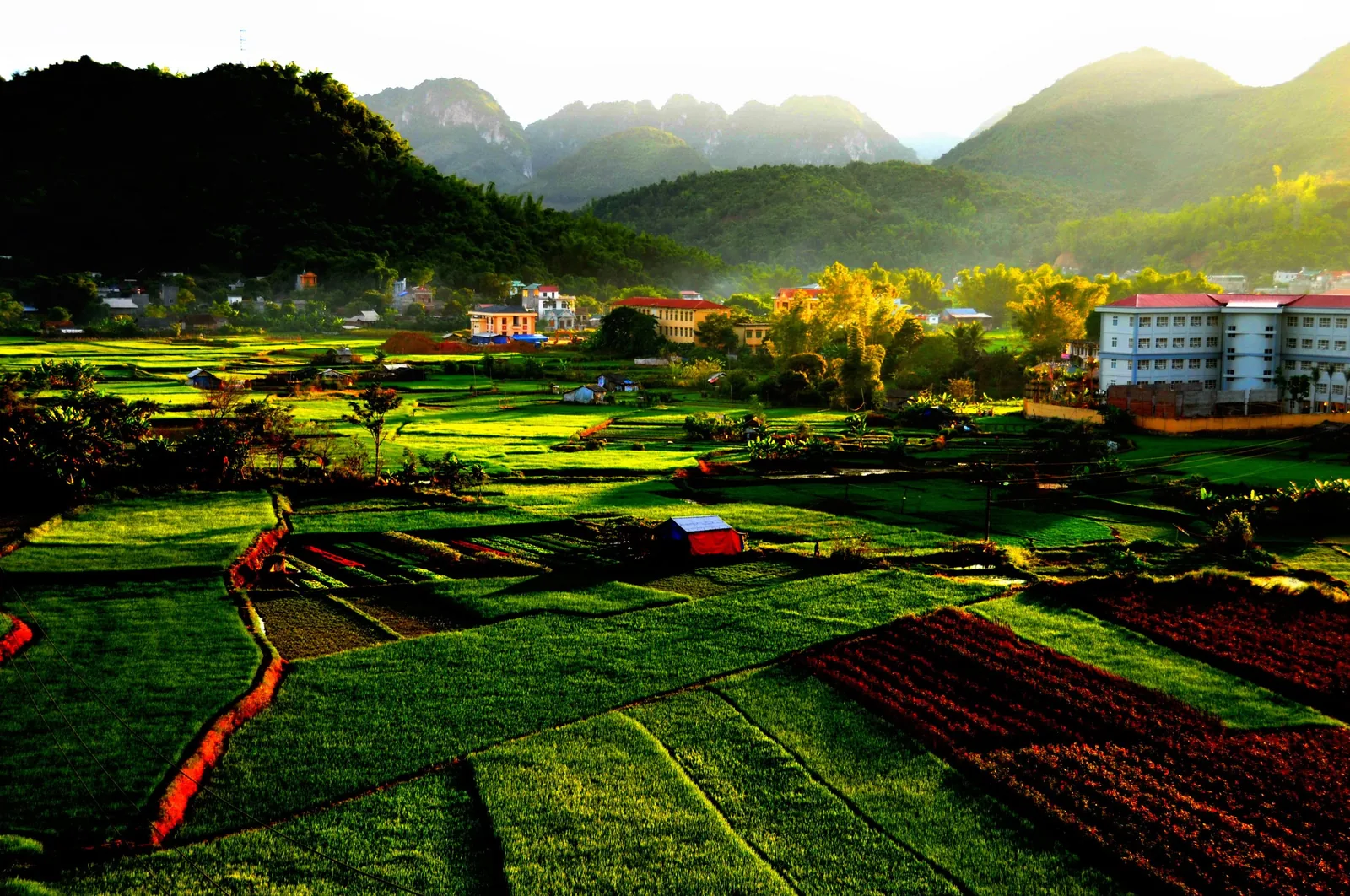 Cánh đồng và khu dân cư dưới chân núi ở trung tâm tỉnh Sơn La lúc chiều